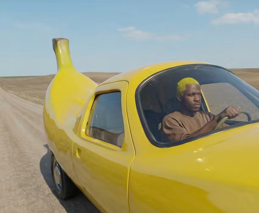 A surreal banana-shaped car driven on a dusty desert road