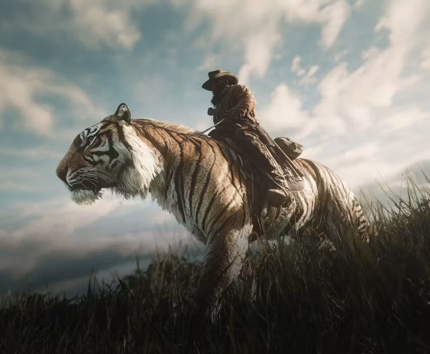 A cowboy riding a Bengal tiger across a grassy field