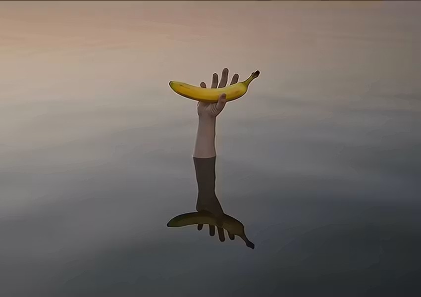 A hand emerging from water holding a bright yellow banana